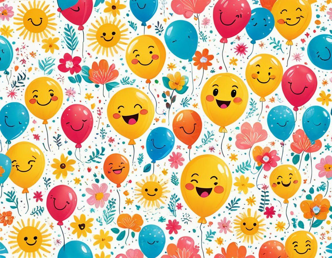 A vibrant, colorful collage of uplifting web links, featuring cheerful icons like smiling emojis, positive quotes, and friendly characters. The background should convey a sense of joy and community, with rays of sunshine and colorful balloons floating around. Incorporate elements like flowers and sparkles to enhance the festive feel. The overall composition should invite viewers to explore and share positivity. digital illustration. vibrant colors. whimsical style.