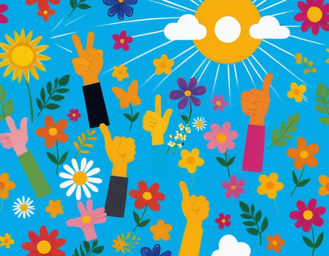 A cheerful illustration featuring a collection of colorful thumbs up icons, each surrounded by rays of sunlight and sparkles, symbolizing positivity. In the background, a vibrant landscape with blooming flowers and a clear blue sky that evokes a sense of happiness. Playful elements like birds and butterflies are fluttering around, adding to the uplifting atmosphere. cartoon style. bright colors.